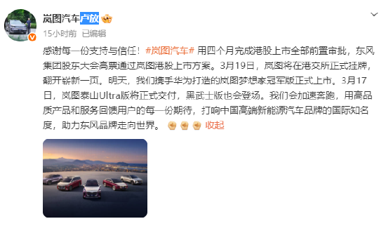 卢放:3月19日,岚图将在港交所正式挂牌 第1张 卢放:3月19日,岚图将在港交所正式挂牌 第1张